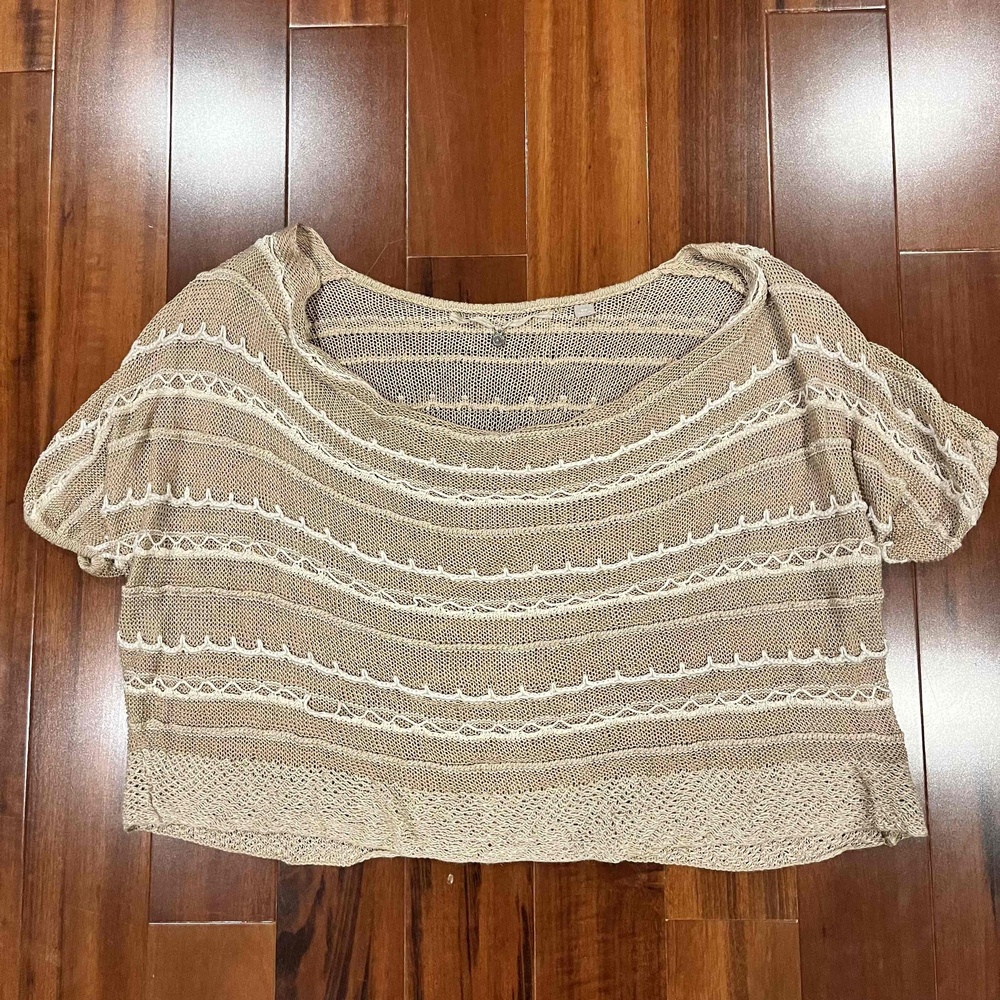 Knitted & Knotted Tan Cropped Top Linen Blend Crochet Dolman Sleeve Cowl Neck S
